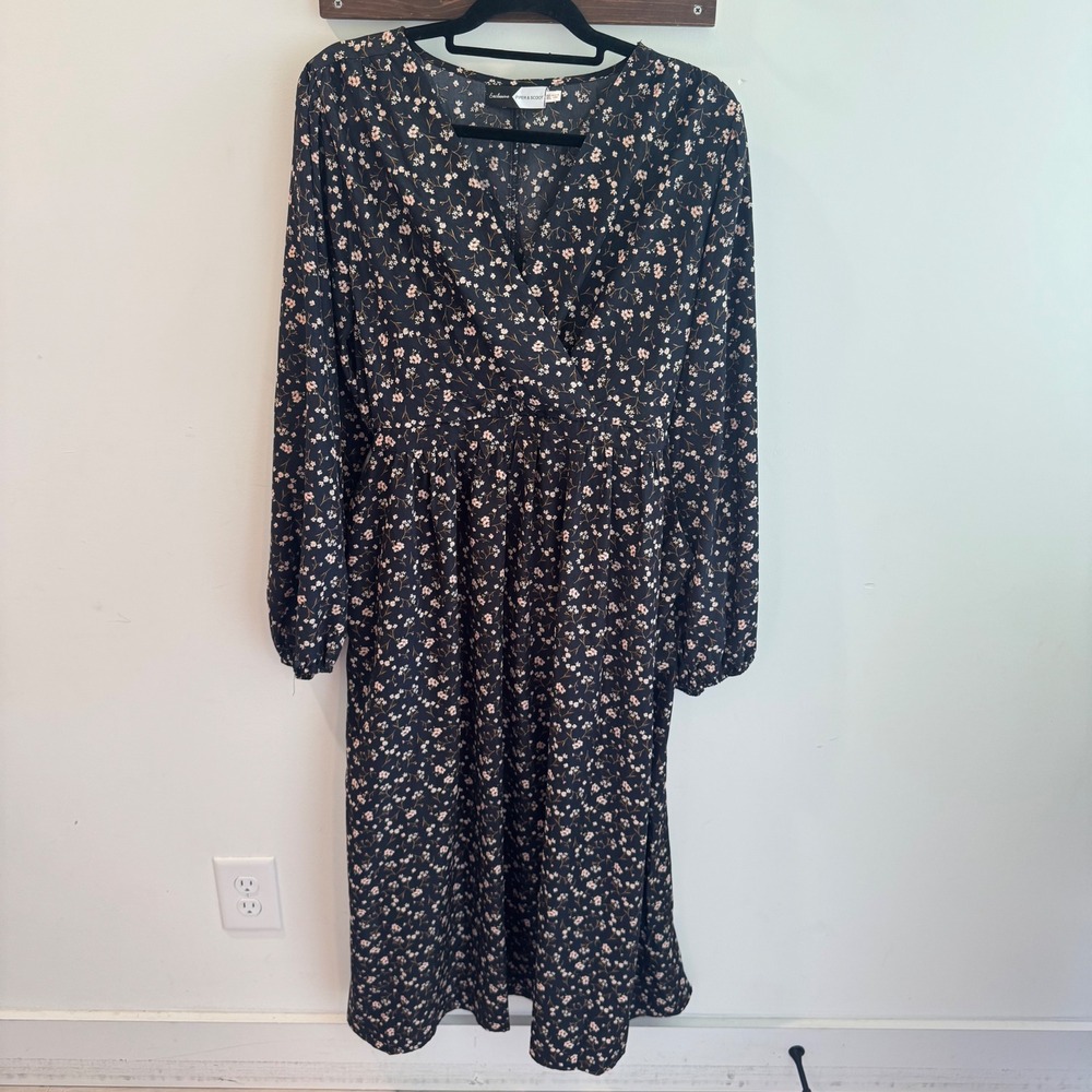 Piper & Scoot Exclusive Floral Midi Dress XXL Black Ditsy Long Sleeve Pockets